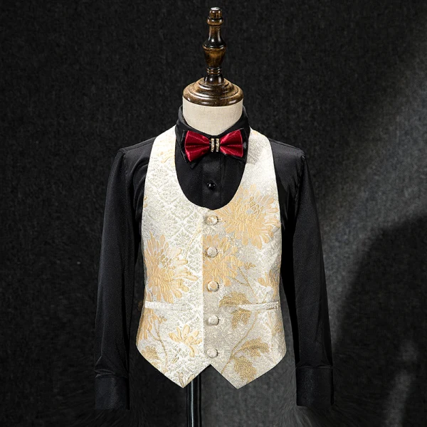 Champagne Gold Embroidered Tailcoat / Tuxedo Coat Burgundy Tie Boys Wedding Suits 2019