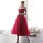 Modest / Simple Burgundy Homecoming Graduation Dresses 2019 A-Line / Princess Spaghetti Straps Sleeveless Beading Tea-length Ruffle Backless Formal Dresses