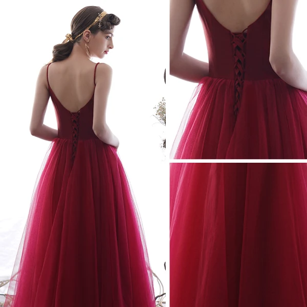 Modest / Simple Burgundy Homecoming Graduation Dresses 2019 A-Line / Princess Spaghetti Straps Sleeveless Beading Tea-length Ruffle Backless Formal Dresses