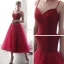 Modest / Simple Burgundy Homecoming Graduation Dresses 2019 A-Line / Princess Spaghetti Straps Sleeveless Beading Tea-length Ruffle Backless Formal Dresses