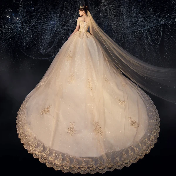 Bling Bling Champagne Wedding Dresses 2019 Ball Gown Off-The-Shoulder Short Sleeve Backless Beading Appliques Lace Glitter Tulle Royal Train Ruffle