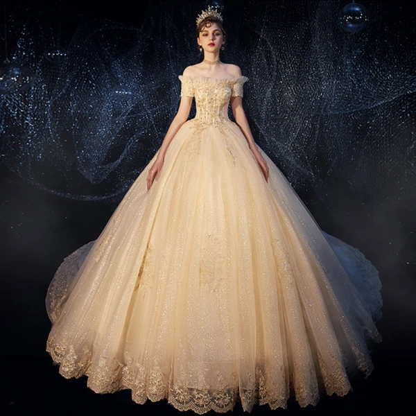 Bling Bling Champagne Wedding Dresses 2019 Ball Gown Off-The-Shoulder Short Sleeve Backless Beading Appliques Lace Glitter Tulle Royal Train Ruffle