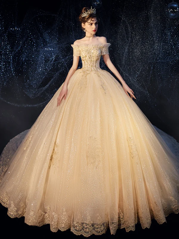 Bling Bling Champagne Wedding Dresses 2019 Ball Gown Off-The-Shoulder Short Sleeve Backless Beading Appliques Lace Glitter Tulle Royal Train Ruffle
