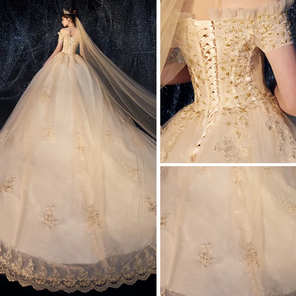 Bling Bling Champagne Wedding Dresses 2019 Ball Gown Off-The-Shoulder Short Sleeve Backless Beading Appliques Lace Glitter Tulle Royal Train Ruffle