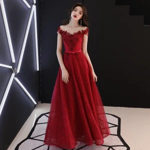 Chic Belle Bordeaux Transparentes Robe De Soirée 2019 Princesse Encolure Dégagée Sans Manches Appliques Fleur Faux Diamant Noeud Ceinture Longue Volants Dos Nu Robe De Ceremonie