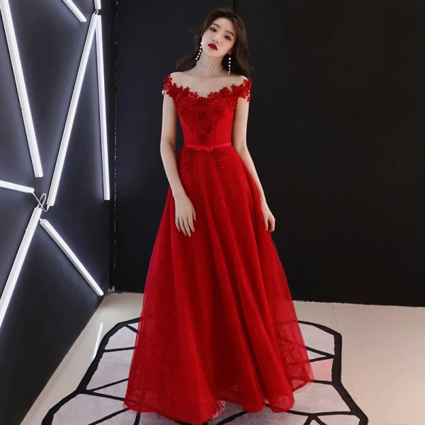 Chic / Belle Bordeaux Transparentes Robe De Soirée 2019 Princesse Encolure Dégagée Sans Manches Appliques Fleur Faux Diamant Noeud Ceinture Longue Volants Dos Nu Robe De Ceremonie