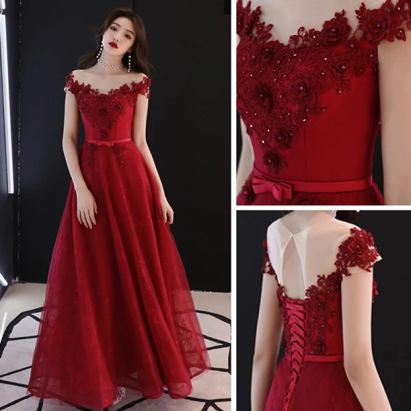 Chic / Belle Bordeaux Transparentes Robe De Soirée 2019 Princesse Encolure Dégagée Sans Manches Appliques Fleur Faux Diamant Noeud Ceinture Longue Volants Dos Nu Robe De Ceremonie