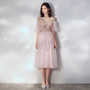 Fine Rødmende Rosa Homecoming Graduation Kjoler 2019 Prinsesse Spaghettistropper Korte Ermer Appliques Blomst Perle Glitter Tyll Te Lengde Buste Ryggløse Formelle Kjoler
