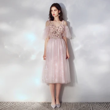 Chic Beautiful Blushing Pink Homecoming Graduation Dresses 2019 A Line Princess Spaghetti Straps Short Sleeve Appliques Flower Pearl Glitter Tulle Tea Length Ruffle Backless Formal Dresses