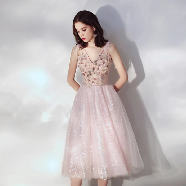 Chic / Beautiful Blushing Pink Homecoming Graduation Dresses 2019 A-Line / Princess Spaghetti Straps Short Sleeve Appliques Flower Pearl Glitter Tulle Tea-length Ruffle Backless Formal Dresses