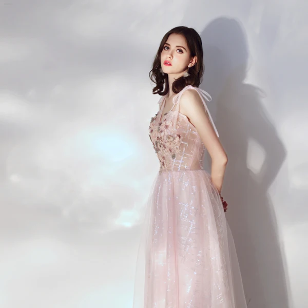 Chic / Beautiful Blushing Pink Homecoming Graduation Dresses 2019 A-Line / Princess Spaghetti Straps Short Sleeve Appliques Flower Pearl Glitter Tulle Tea-length Ruffle Backless Formal Dresses