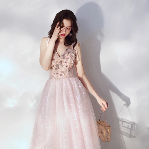 Chic / Beautiful Blushing Pink Homecoming Graduation Dresses 2019 A-Line / Princess Spaghetti Straps Short Sleeve Appliques Flower Pearl Glitter Tulle Tea-length Ruffle Backless Formal Dresses