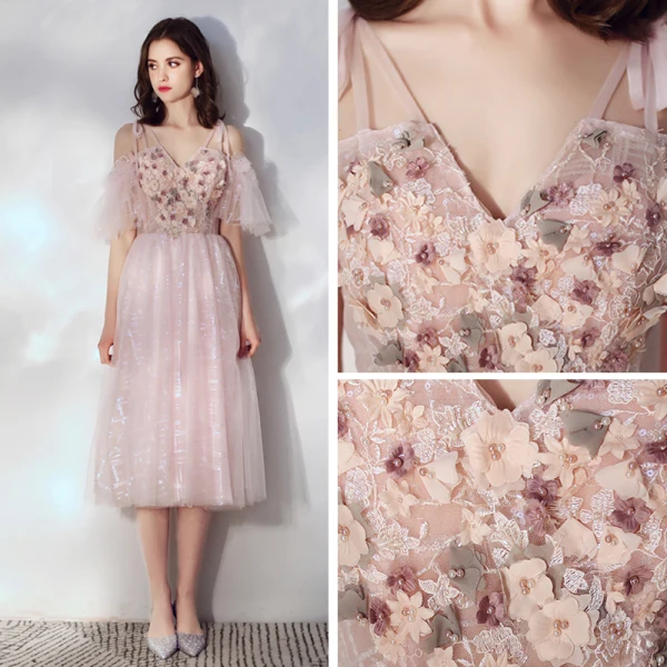 Chic / Beautiful Blushing Pink Homecoming Graduation Dresses 2019 A-Line / Princess Spaghetti Straps Short Sleeve Appliques Flower Pearl Glitter Tulle Tea-length Ruffle Backless Formal Dresses