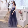 Chic / Beautiful Navy Blue Evening Dresses  2019 A-Line / Princess Deep V-Neck Sleeveless Pearl Sash Floor-Length / Long Ruffle Backless Formal Dresses