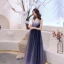 Chic / Belle Bleu Marine Robe De Soirée 2019 Princesse Col v profond Sans Manches Perle Ceinture Longue Volants Dos Nu Robe De Ceremonie