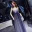Chic / Belle Bleu Marine Robe De Soirée 2019 Princesse Col v profond Sans Manches Perle Ceinture Longue Volants Dos Nu Robe De Ceremonie
