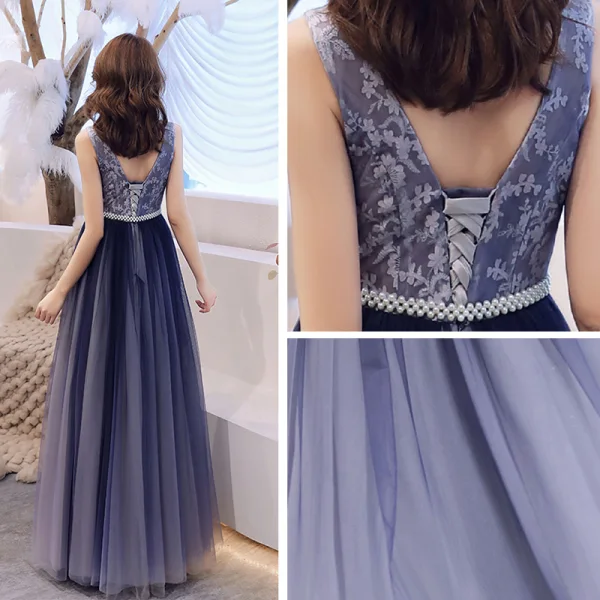 Chic / Belle Bleu Marine Robe De Soirée 2019 Princesse Col v profond Sans Manches Perle Ceinture Longue Volants Dos Nu Robe De Ceremonie