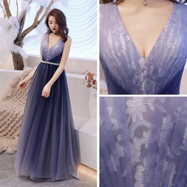 Chic / Belle Bleu Marine Robe De Soirée 2019 Princesse Col v profond Sans Manches Perle Ceinture Longue Volants Dos Nu Robe De Ceremonie