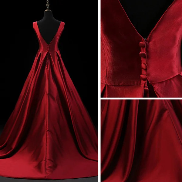 Chic / Belle Bordeaux Satin Robe De Soirée 2019 Princesse Encolure Dégagée Sans Manches Appliques En Dentelle Tribunal Train Volants Dos Nu Robe De Ceremonie