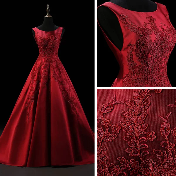 Chic / Belle Bordeaux Satin Robe De Soirée 2019 Princesse Encolure Dégagée Sans Manches Appliques En Dentelle Tribunal Train Volants Dos Nu Robe De Ceremonie