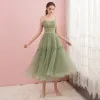 Modest / Simple Sage Green Homecoming Graduation Dresses 2019 A-Line / Princess Spaghetti Straps Sleeveless Tea-length Ruffle Backless Formal Dresses