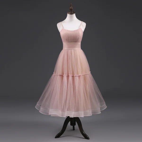 Modest / Simple Sage Green Homecoming Graduation Dresses 2019 A-Line / Princess Spaghetti Straps Sleeveless Tea-length Ruffle Backless Formal Dresses