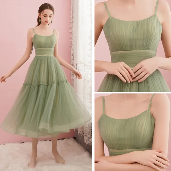 Modest / Simple Sage Green Homecoming Graduation Dresses 2019 A-Line / Princess Spaghetti Straps Sleeveless Tea-length Ruffle Backless Formal Dresses