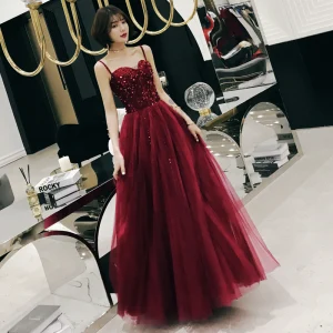 Chic Beautiful Burgundy Evening Dresses 2019 A Line Princess Spaghetti Straps Sleeveless Beading Glitter Sequins Floor Length Long Ruffle Backless Formal Dresses