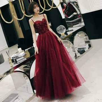 Chic Belle Bordeaux Robe De Soirée 2019 Princesse Bretelles Spaghetti Sans Manches Perlage Glitter Paillettes Longue Volants Dos Nu Robe De Ceremonie