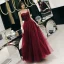 Chic / Beautiful Burgundy Evening Dresses  2019 A-Line / Princess Spaghetti Straps Sleeveless Beading Glitter Sequins Floor-Length / Long Ruffle Backless Formal Dresses