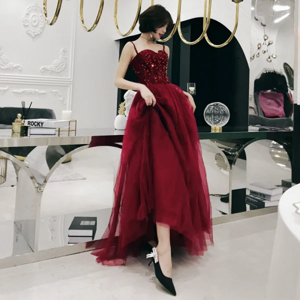 Chic / Beautiful Burgundy Evening Dresses  2019 A-Line / Princess Spaghetti Straps Sleeveless Beading Glitter Sequins Floor-Length / Long Ruffle Backless Formal Dresses