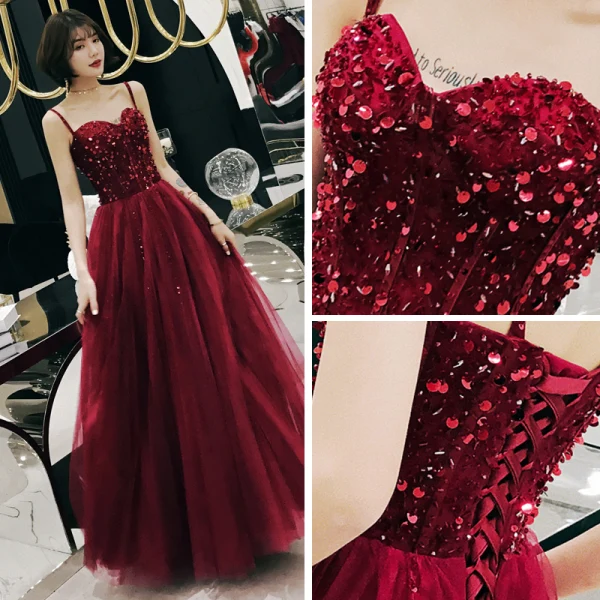 Chic / Beautiful Burgundy Evening Dresses  2019 A-Line / Princess Spaghetti Straps Sleeveless Beading Glitter Sequins Floor-Length / Long Ruffle Backless Formal Dresses