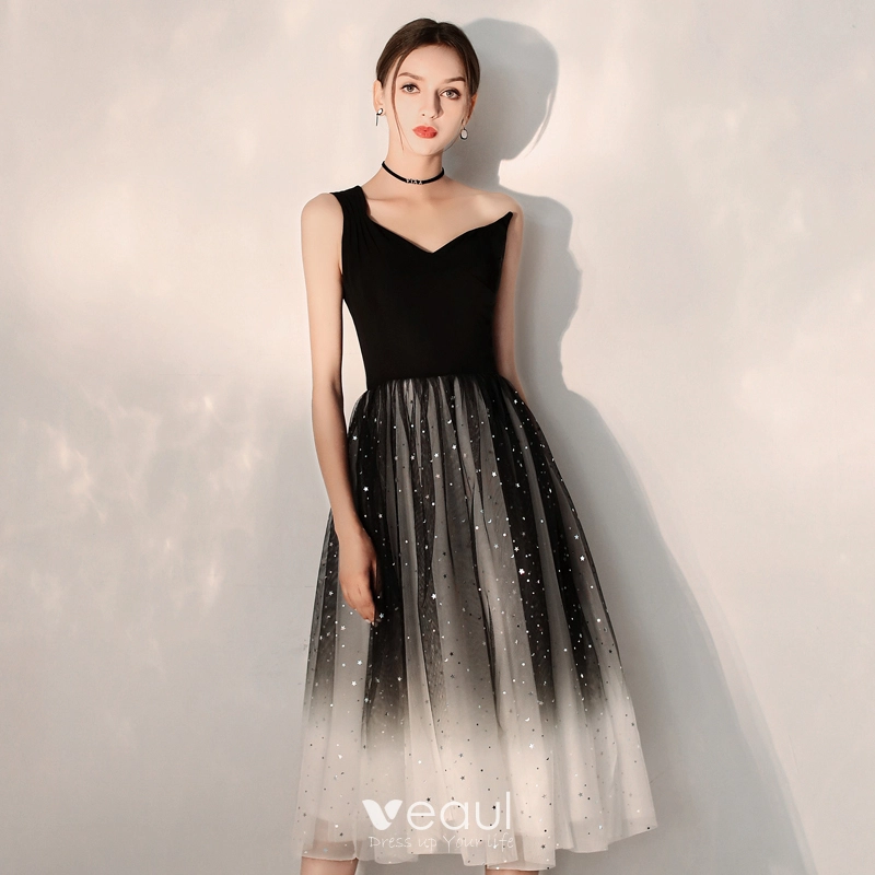 Modern Fashion Black Gradient Color Homecoming Graduation Dresses 2019 A Line Princess One Shoulder Sleeveless Glitter Tulle Tea length Ruffle Backless Formal Dresses