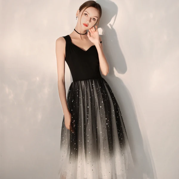 Modern / Fashion Black Gradient-Color Homecoming Graduation Dresses 2019 A-Line / Princess One-Shoulder Sleeveless Glitter Tulle Tea-length Ruffle Backless Formal Dresses