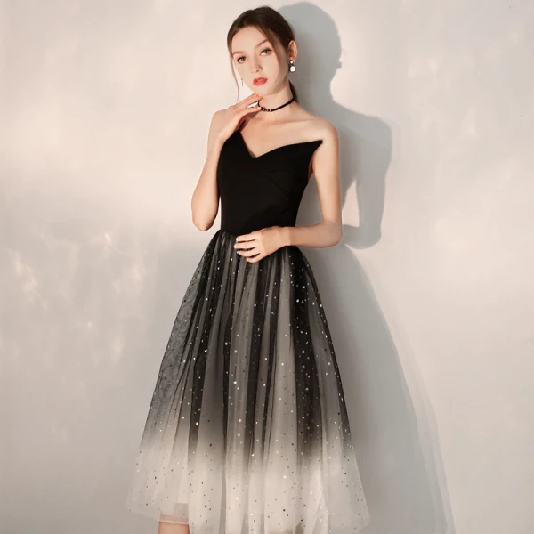 Modern / Fashion Black Gradient-Color Homecoming Graduation Dresses 2019 A-Line / Princess One-Shoulder Sleeveless Glitter Tulle Tea-length Ruffle Backless Formal Dresses