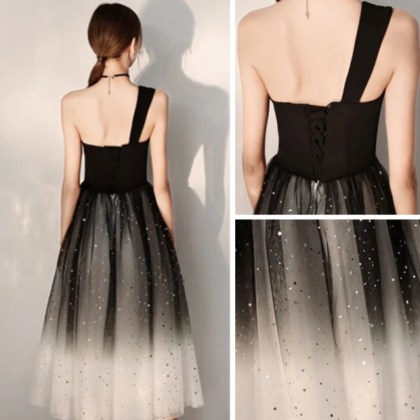 Modern / Fashion Black Gradient-Color Homecoming Graduation Dresses 2019 A-Line / Princess One-Shoulder Sleeveless Glitter Tulle Tea-length Ruffle Backless Formal Dresses