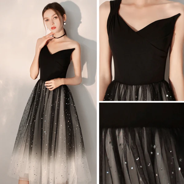Modern / Fashion Black Gradient-Color Homecoming Graduation Dresses 2019 A-Line / Princess One-Shoulder Sleeveless Glitter Tulle Tea-length Ruffle Backless Formal Dresses