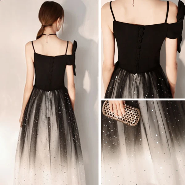 Unique Noire Dégradé De Couleur de retour Robe De Graduation 2019 Princesse Bretelles Spaghetti Une épaule Noeud Glitter Tulle Thé Longueur Volants Dos Nu Robe De Ceremonie