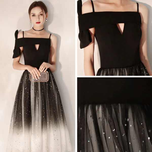 Unique Noire Dégradé De Couleur de retour Robe De Graduation 2019 Princesse Bretelles Spaghetti Une épaule Noeud Glitter Tulle Thé Longueur Volants Dos Nu Robe De Ceremonie