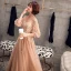 Élégant Champagne Doré Transparentes Robe De Bal 2019 Princesse Col Haut Gonflée 3/4 Manches Appliques En Dentelle Perlage Train De Balayage Volants Dos Nu Robe De Ceremonie