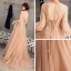 Élégant Champagne Doré Transparentes Robe De Bal 2019 Princesse Col Haut Gonflée 3/4 Manches Appliques En Dentelle Perlage Train De Balayage Volants Dos Nu Robe De Ceremonie