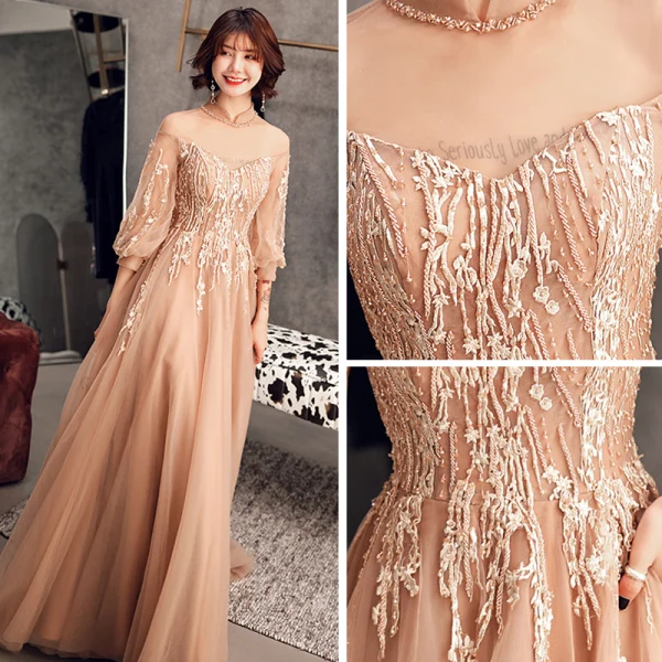 Élégant Champagne Doré Transparentes Robe De Bal 2019 Princesse Col Haut Gonflée 3/4 Manches Appliques En Dentelle Perlage Train De Balayage Volants Dos Nu Robe De Ceremonie