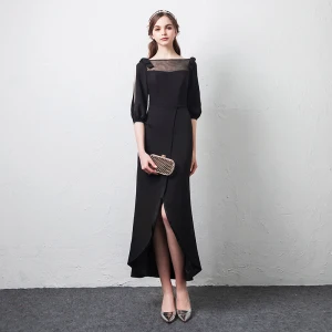 Simple Désinvolte Noire Transparentes Robe De Soirée 2019 Encolure Carrée Gonflée 1 2 Manches Noeud Fendue Devant Longueur Cheville Robe De Ceremonie