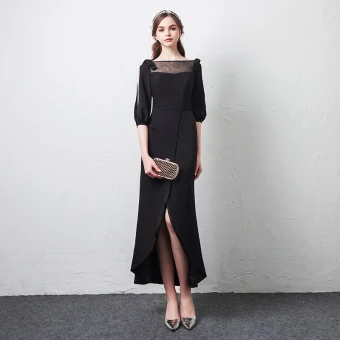 Modest Simple Casual Black See Through Evening Dresses 2019 Square Neckline Puffy 1 2 Sleeves Bow Split Front Ankle Length Formal Dresses