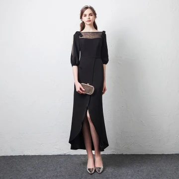 Modest Simple Casual Black See Through Evening Dresses 2019 Square Neckline Puffy 1 2 Sleeves Bow Split Front Ankle Length Formal Dresses