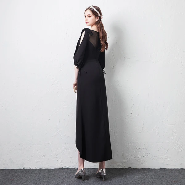 Modest Simple Casual Black See Through Evening Dresses 2019 Square Neckline Puffy 1 2 Sleeves Bow Split Front Ankle Length Formal Dresses Modest Simple Casual Black See Through Evening Dresses 2019 Square Neckline Puffy 1 2 Sleeves Bow Split Front Ankle Length Formal Dresses