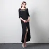 Modest / Simple Casual Black See-through Evening Dresses  2019 Square Neckline Puffy 1/2 Sleeves Bow Split Front Ankle Length Formal Dresses