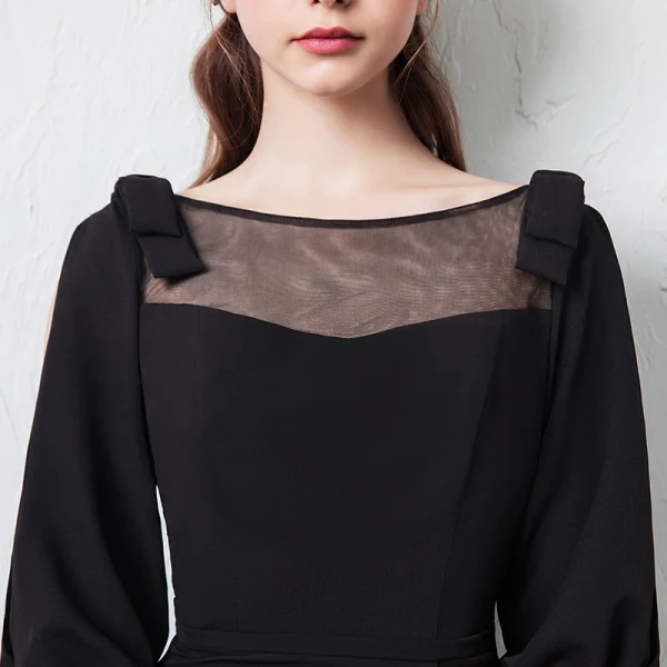 ankle length black dress with puff sleeves Black Long Party Dress A-Line Sweetheart Empire Waist Lace Satin Black Prom  Dress