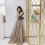 Elegant Champagne Suede Evening Dresses  2019 A-Line / Princess Shoulders Sleeveless Glitter Tulle Floor-Length / Long Ruffle Backless Formal Dresses