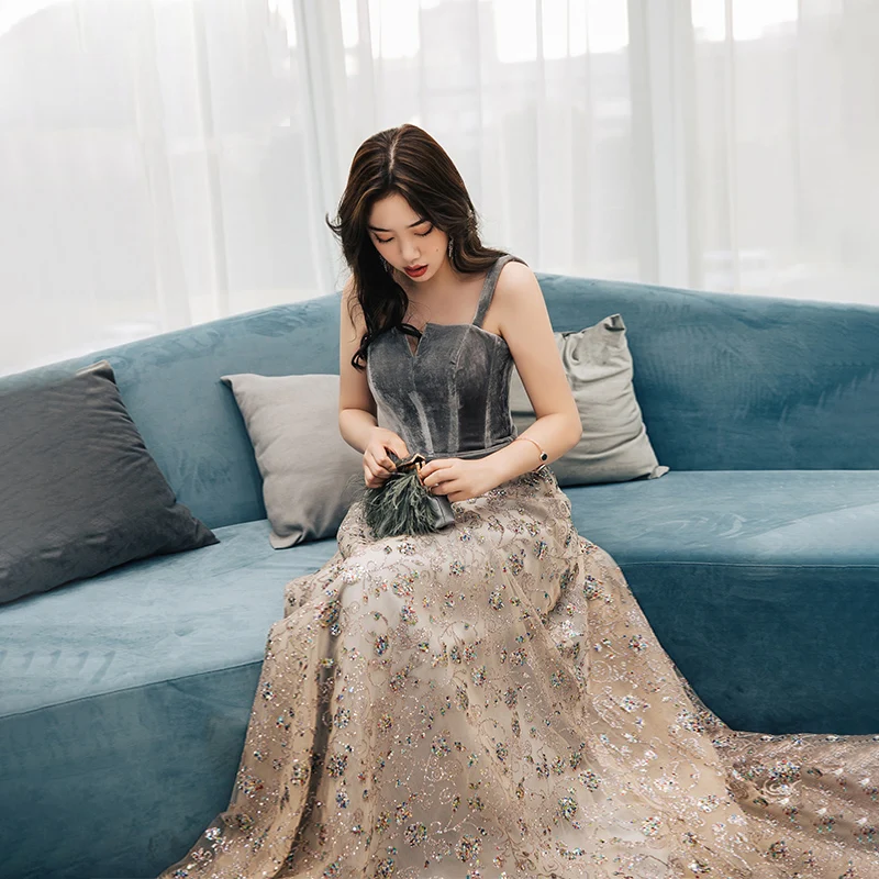 Elegant Champagne Suede Evening Dresses 2019 A Line Princess Shoulders  Sleeveless Glitter Tulle Floor Length Long Ruffle Backless Formal Dresses